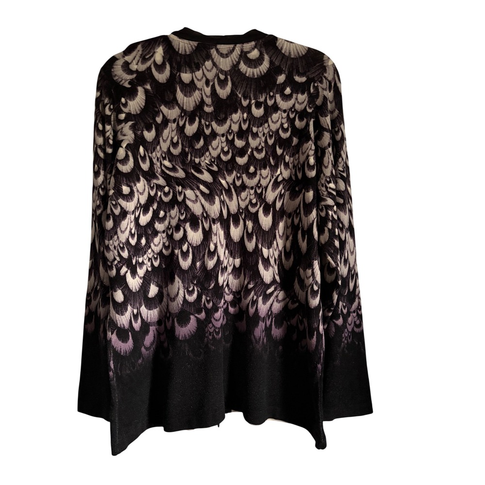 Chicos Feather Print Cardigan Sweater Purple Black White V-Neck Size 2 Large - Picture 2 of 3
